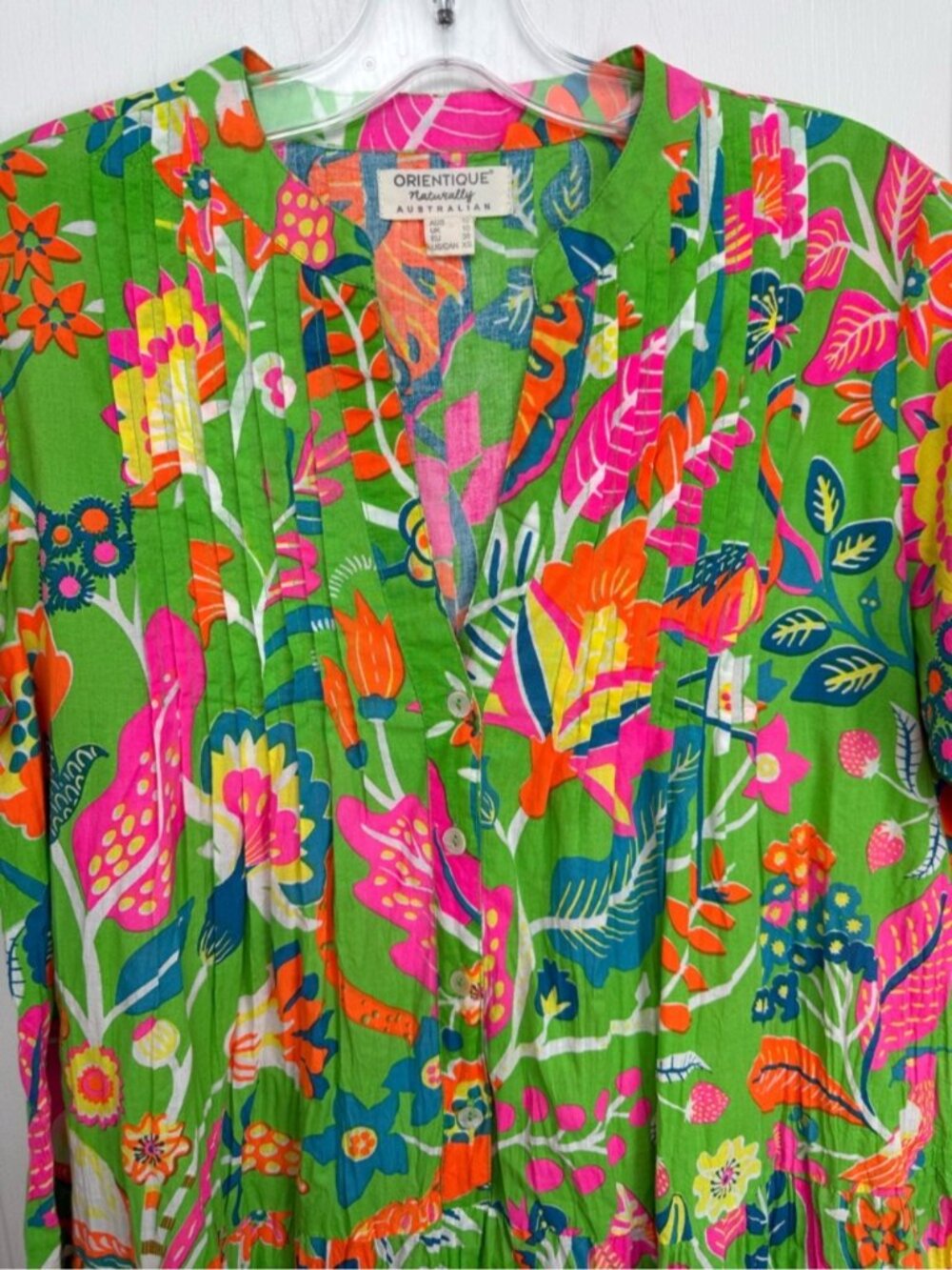 Orientique Australia Floral Pleated Crinkle Dress Size XS Green Organic Cotton - Picture 3 of 7